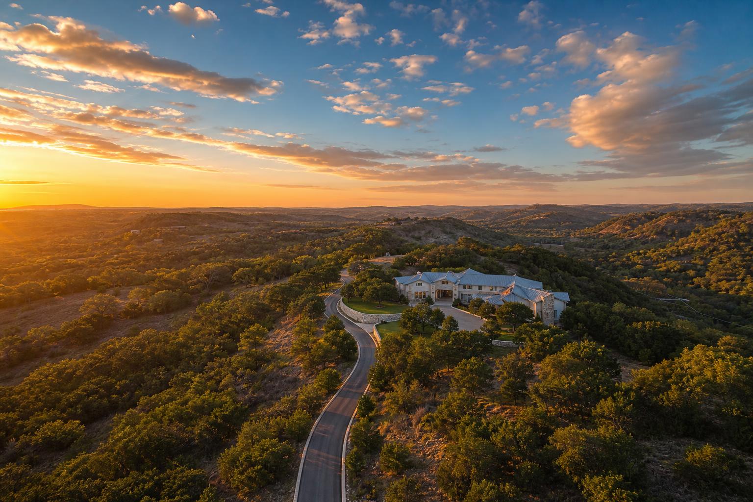 Hill Country sunset over Sunset Canyon acreage, Dripping Springs, Texas